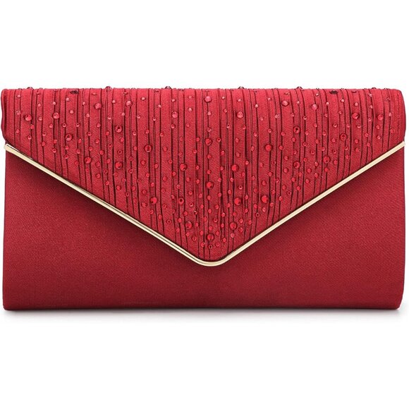 ⚡ Women's Evening Rhinestones Envelope Style Chain Strap Red Clutch Handbag - Picture 2 of 6